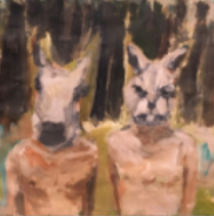 two men in animal masks 2018Acrylic on paper. 24x18