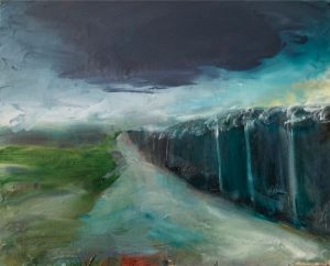 border wall under storm clouds, oil on panel 20×24, 2020