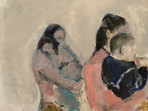 Women and children in line at the border; watercolor and gouache on paper 14 x17 2021