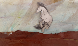 Red Landscape with horse, Paper and Oil on wood panel 12x 12 2023