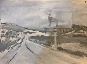 Deer billboard, 44 X 41 charcoal and acrylic on paper, 2026